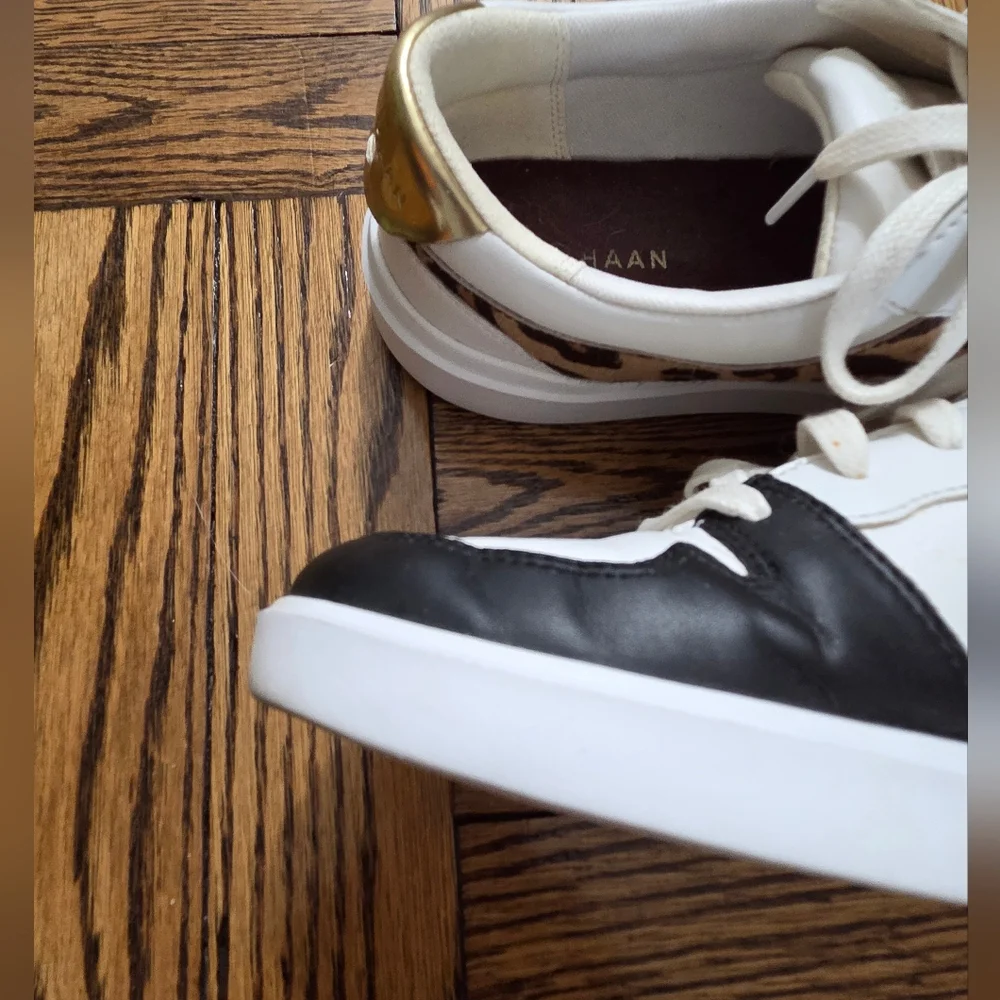 Cole Haan Women's White & Black Leather Leopard-Accent Sneaker Grand Crosscourt - Picture 6 of 16